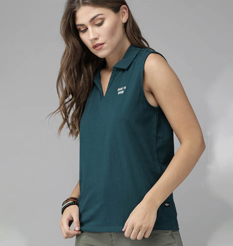 Women Blue Solid Sleeveless Polo Collar Pure Cotton T-shirt